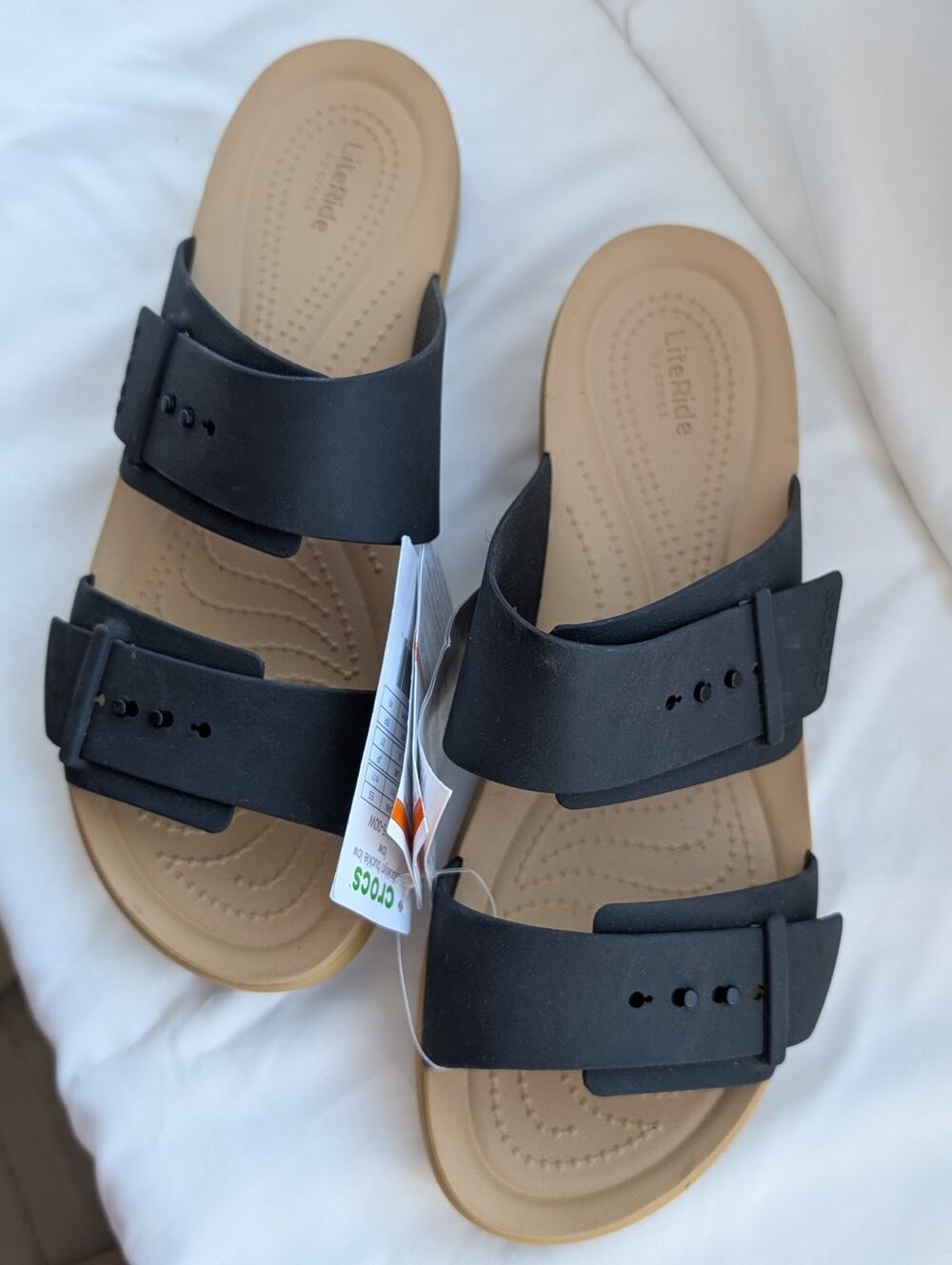 Crocs Brooklyn Buckle Low Low Sandals Womens 11 Black Tan LiteRide NWT 211215
